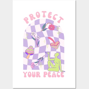 Protect Your Peace - Funky Hippie Design with Mushrooms and Flowers Posters and Art